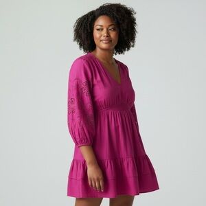INC - International Inc - Hot Pink Cotton Midi Dress - Tiered w Eyelet - M